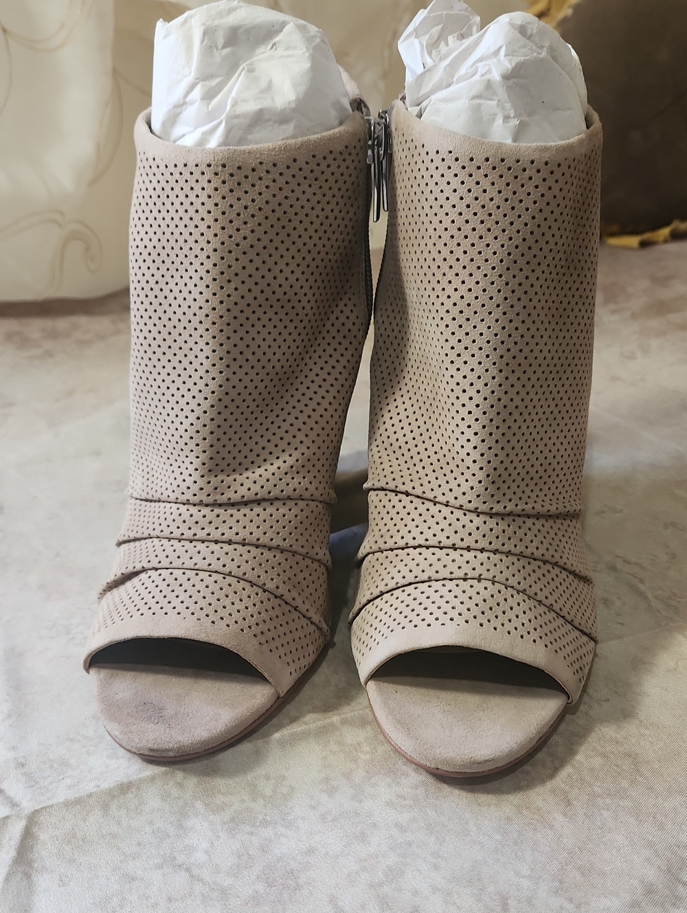 Vince Camuto Perforated Peep-Toe Ankle Boot in Taupe